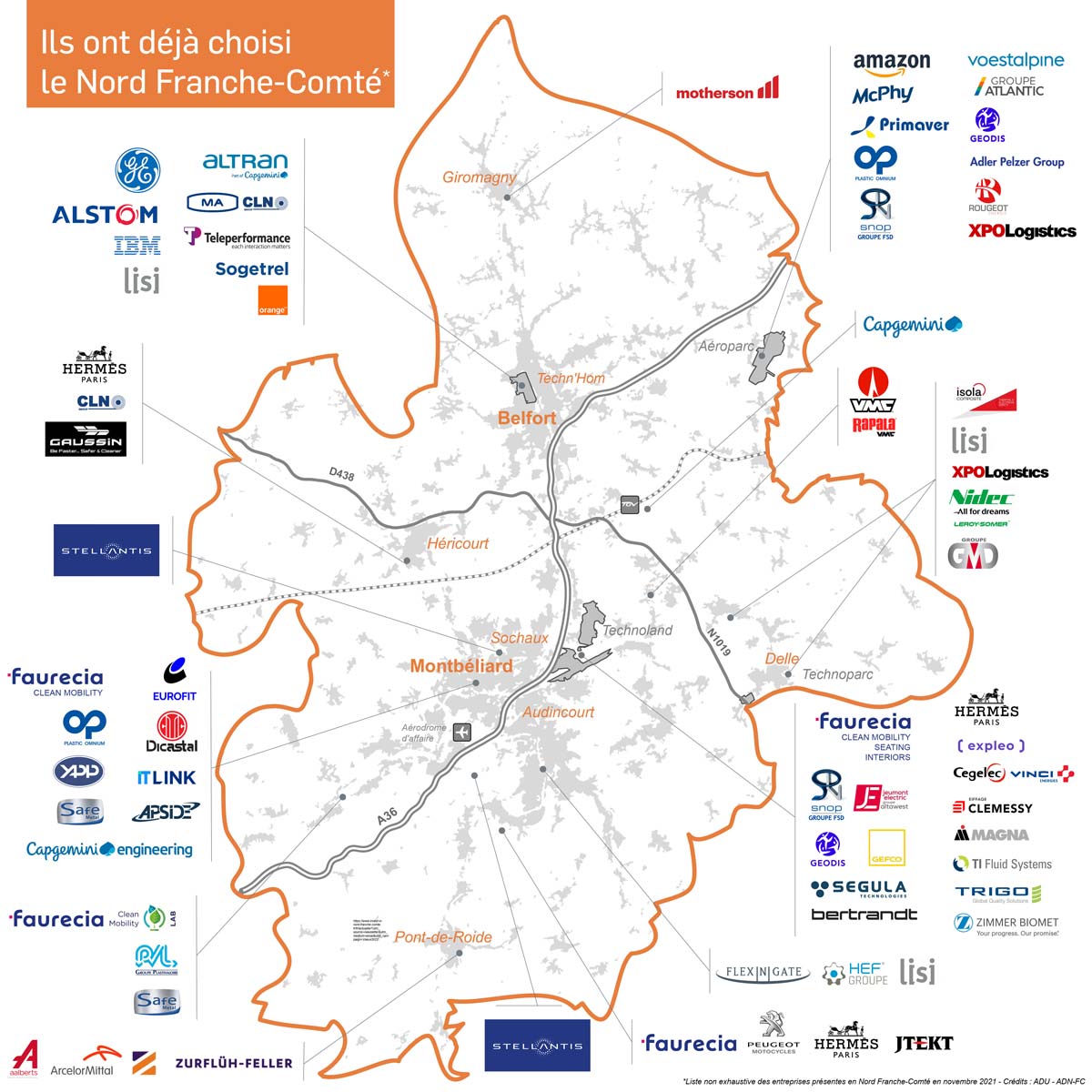 Carte non exhaustive des grandes entreprises implantées en Nord Franche-Comté