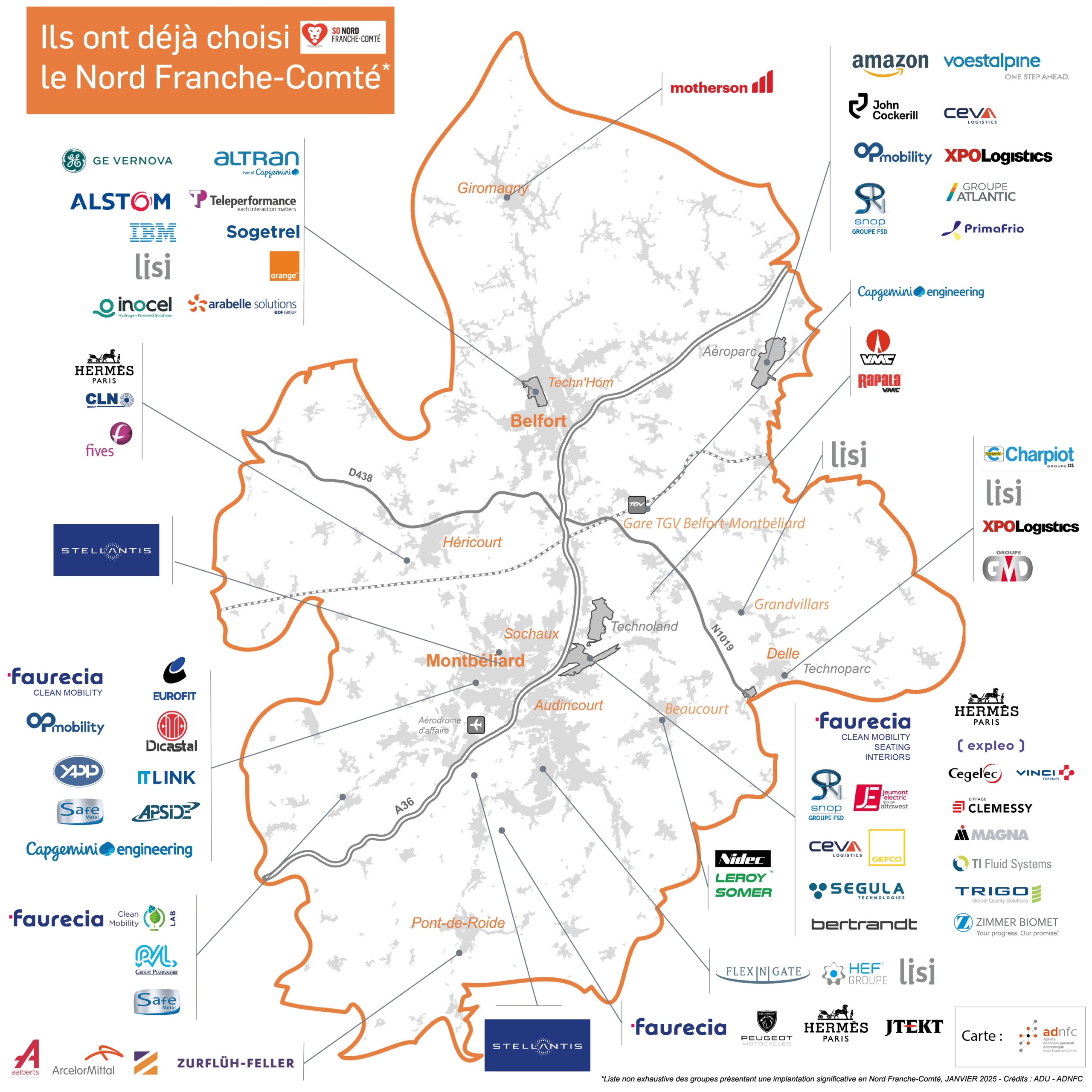 Carte des grandes entreprises implantées en Nord Franche-Comté - non exhaustif